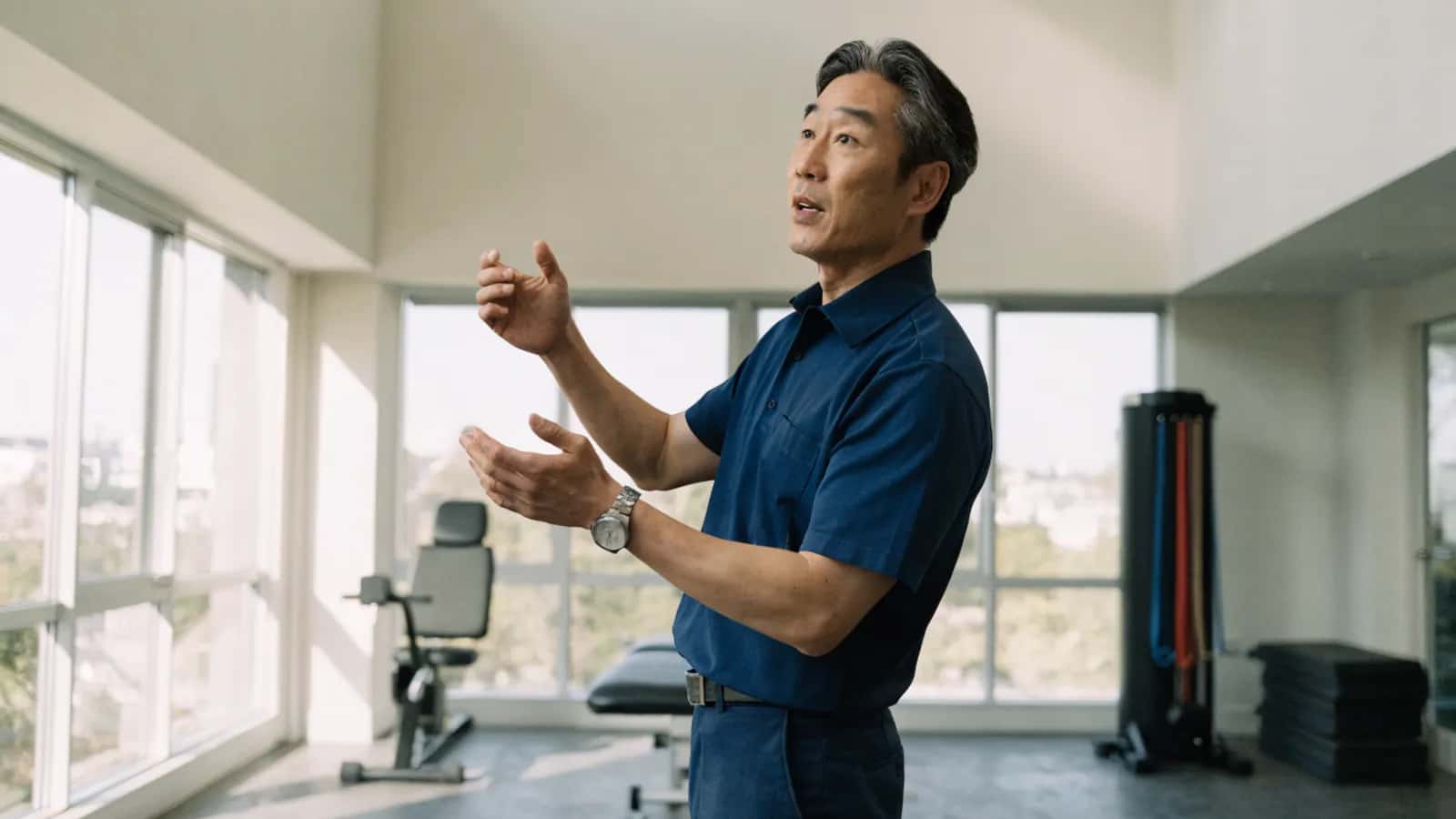 Physical therapist standing in a modern rehabilitation gym